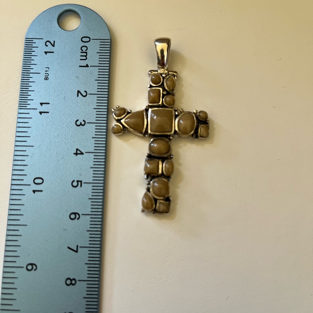 Silver and Tan Cross Pendant 925 Sterling Silver - Picture 6 of 6